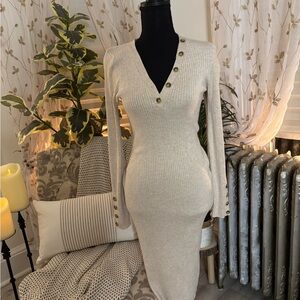 Elegant Beige Button-Detail Dress